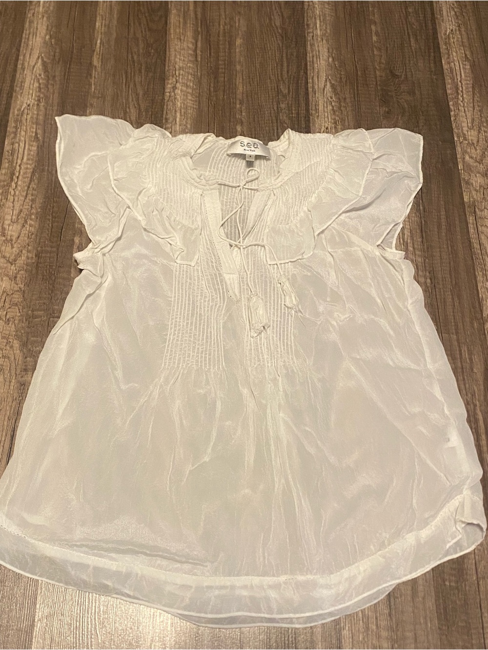 Sea New York Ivory Sheer Ruffle Tie-Front Blouse